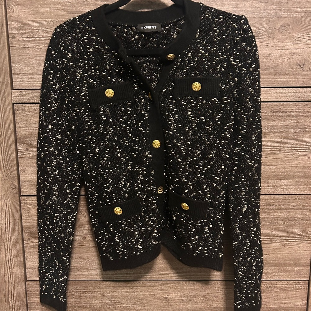 Express Monochrome Tweed Cardigan with Gold Accents